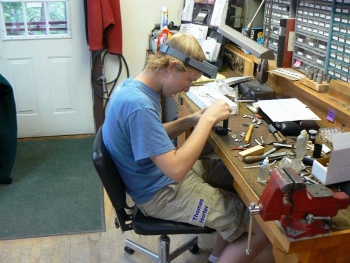 Thomas starting to learn flute repair at the Vermont Guild of Flute-Making in 2008